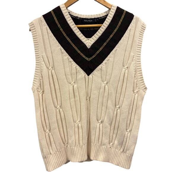 Y2K 90s vintage Nautica white and green sweater vest, size medium - Picture 1 of 4